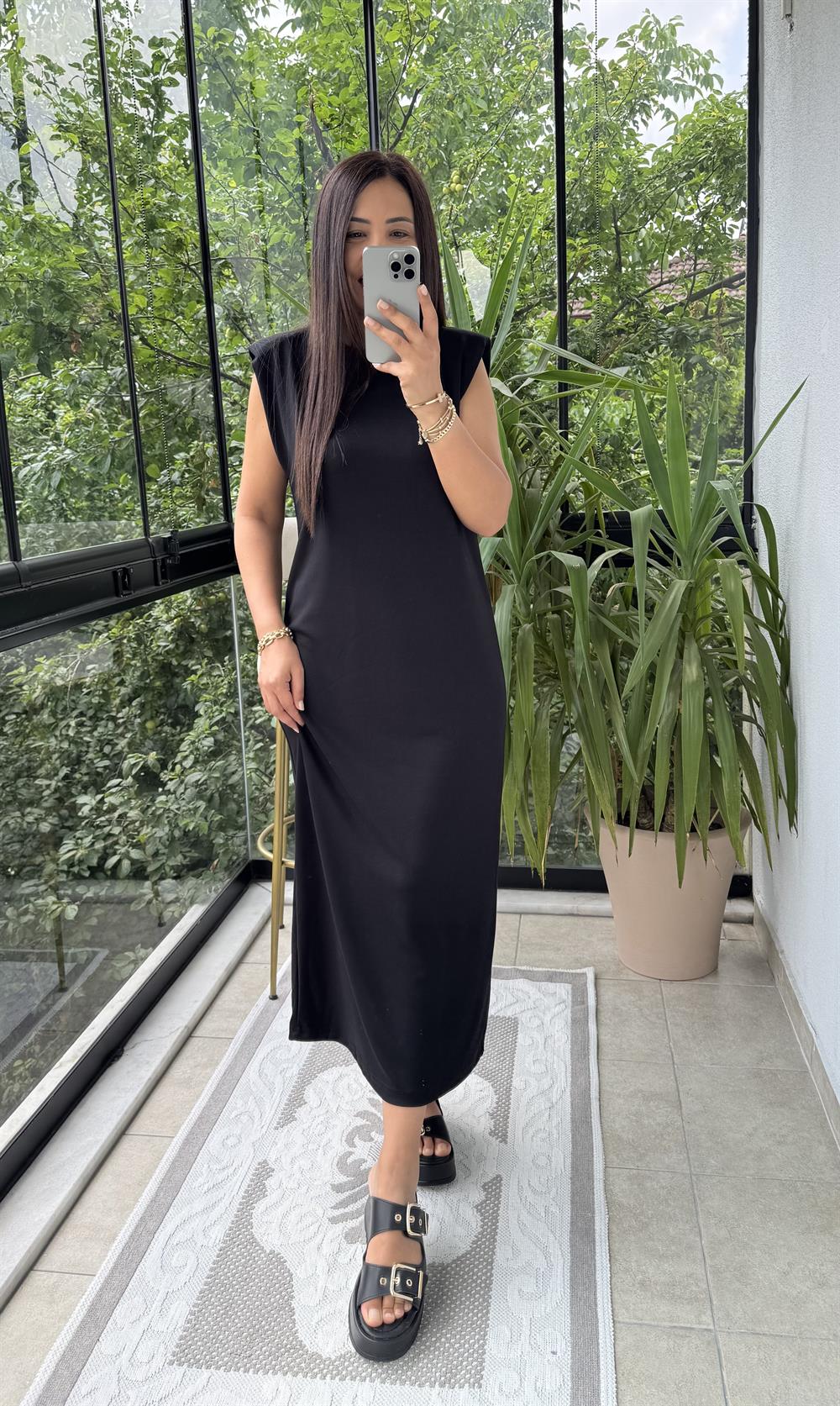 Vatkalı Modal Elbise Siyah