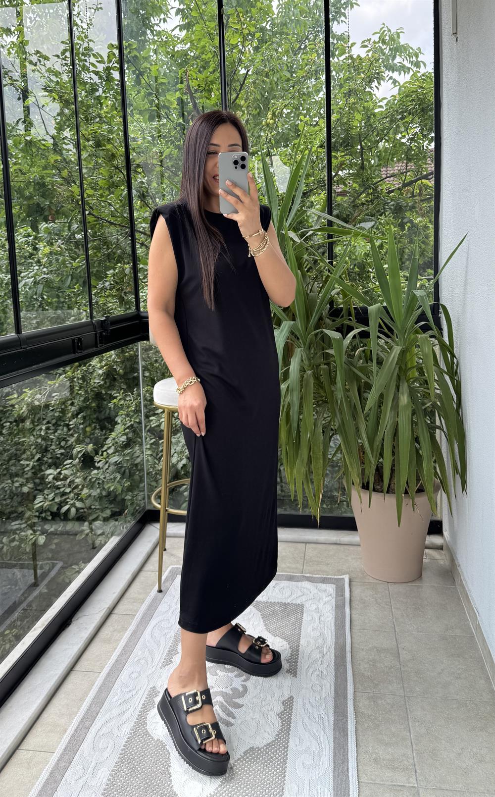 Vatkalı Modal Elbise Siyah