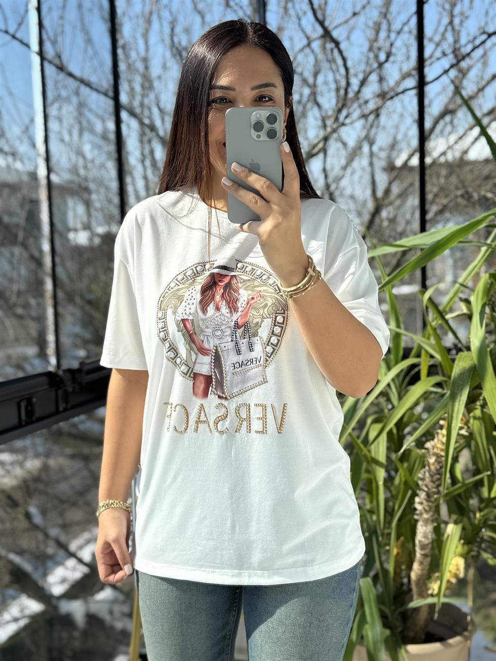 Versage Yazılı Tişört Ekru