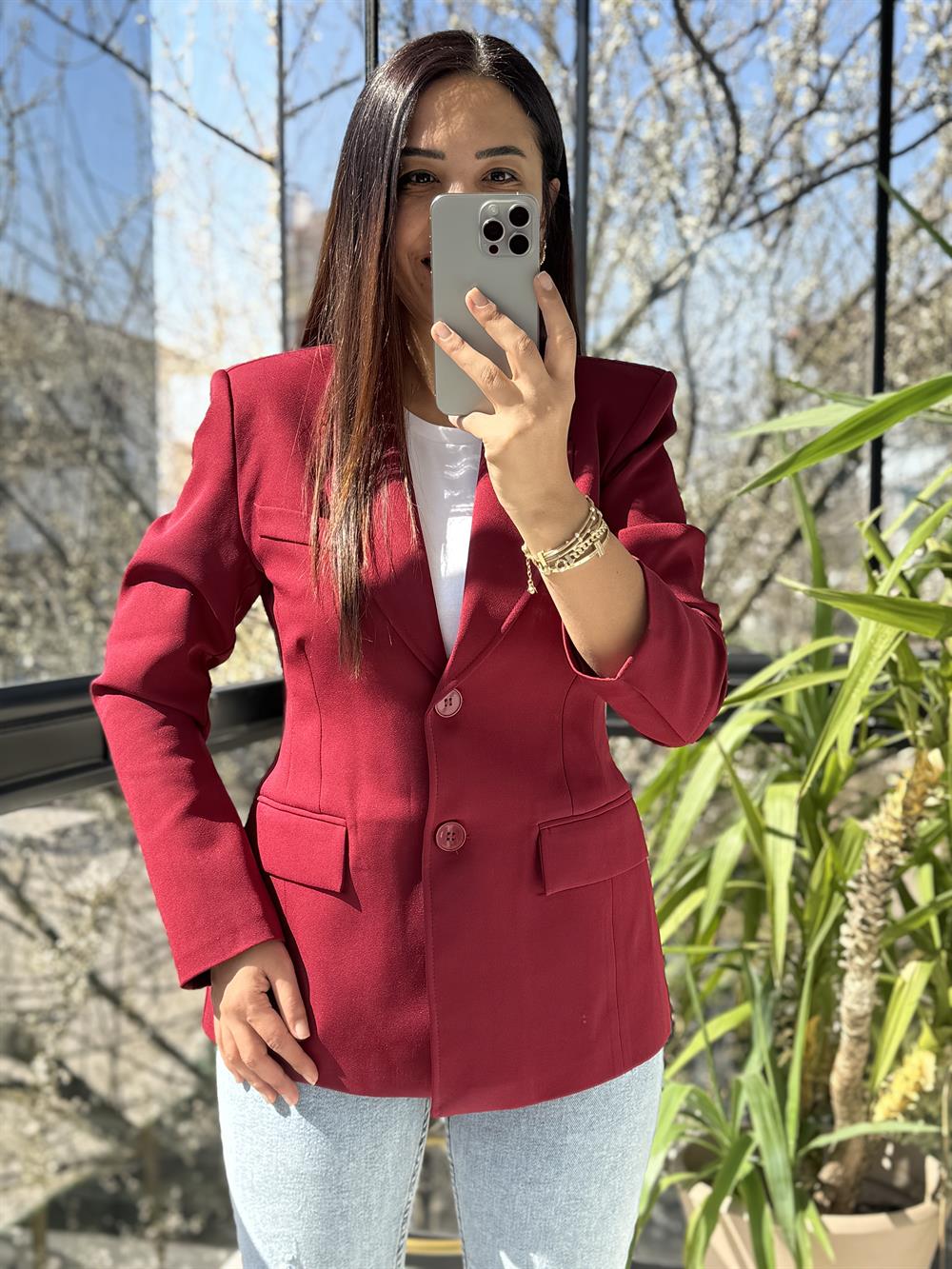 Volanlı İki Düğme Blazer Bordo