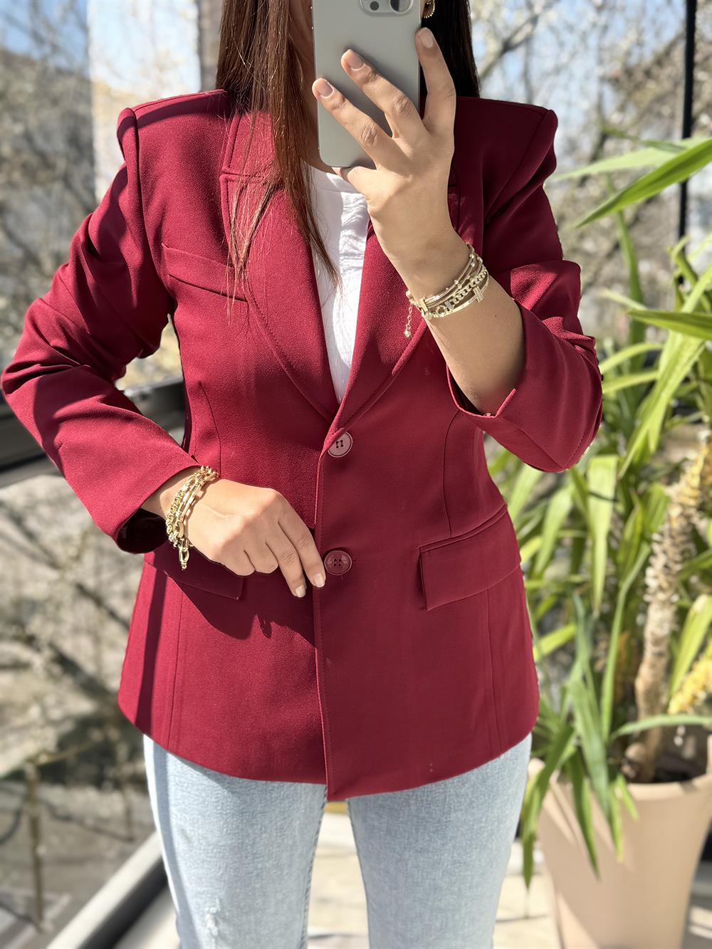 Volanlı İki Düğme Blazer Bordo