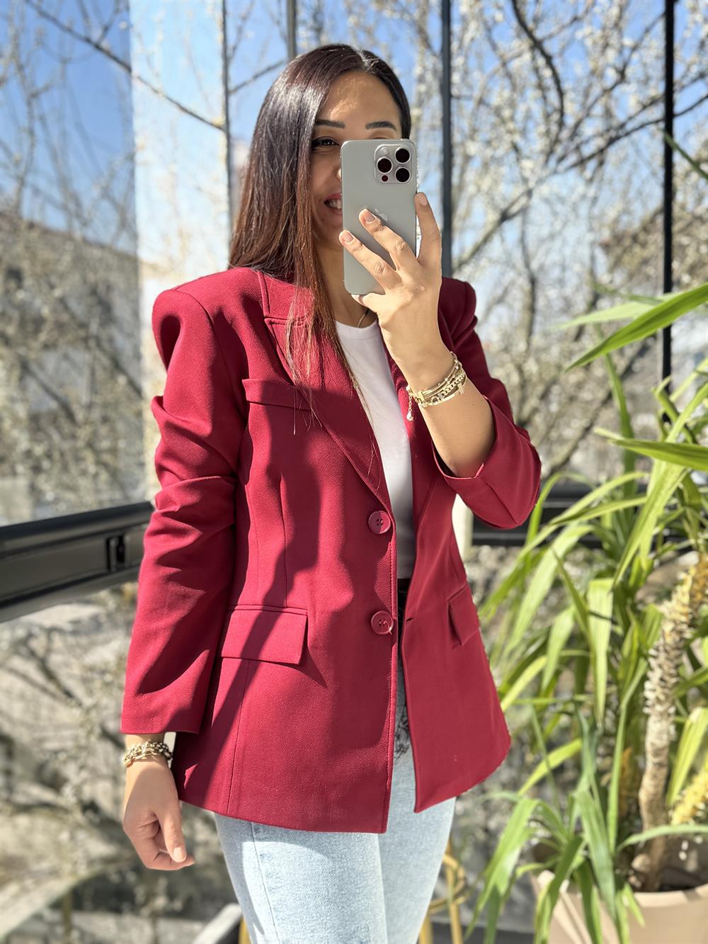Volanlı İki Düğme Blazer Bordo