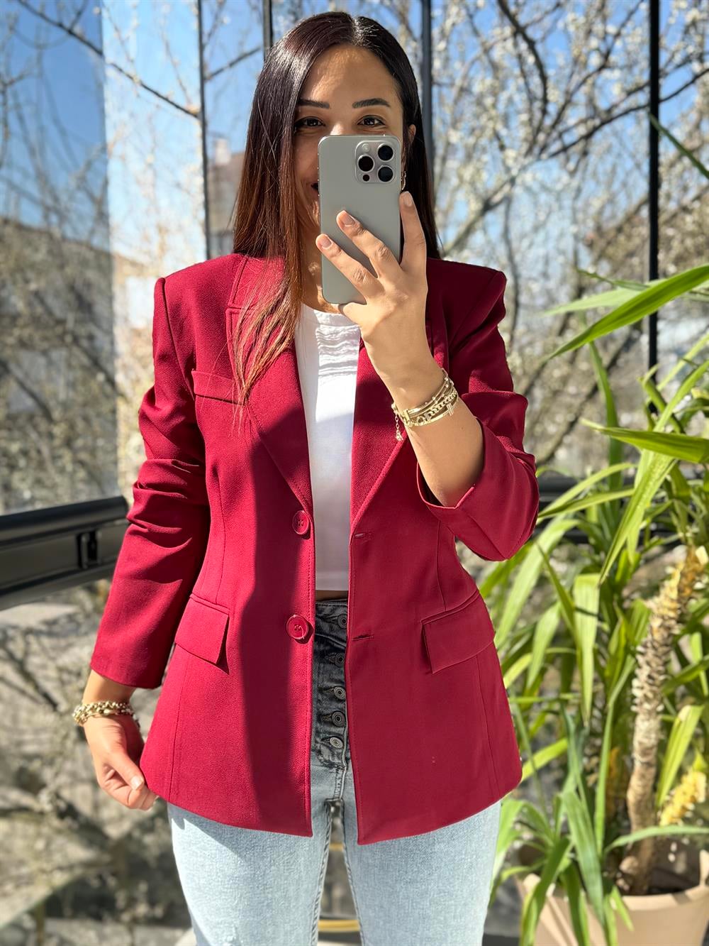 Volanlı İki Düğme Blazer Bordo