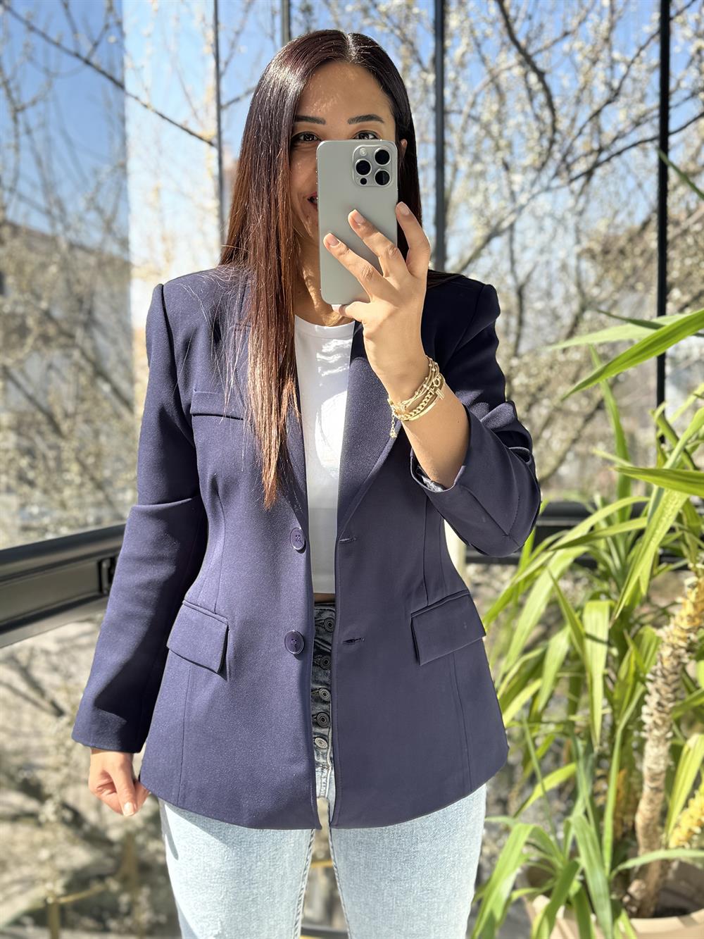 Volanlı İki Düğme Blazer Lacivert