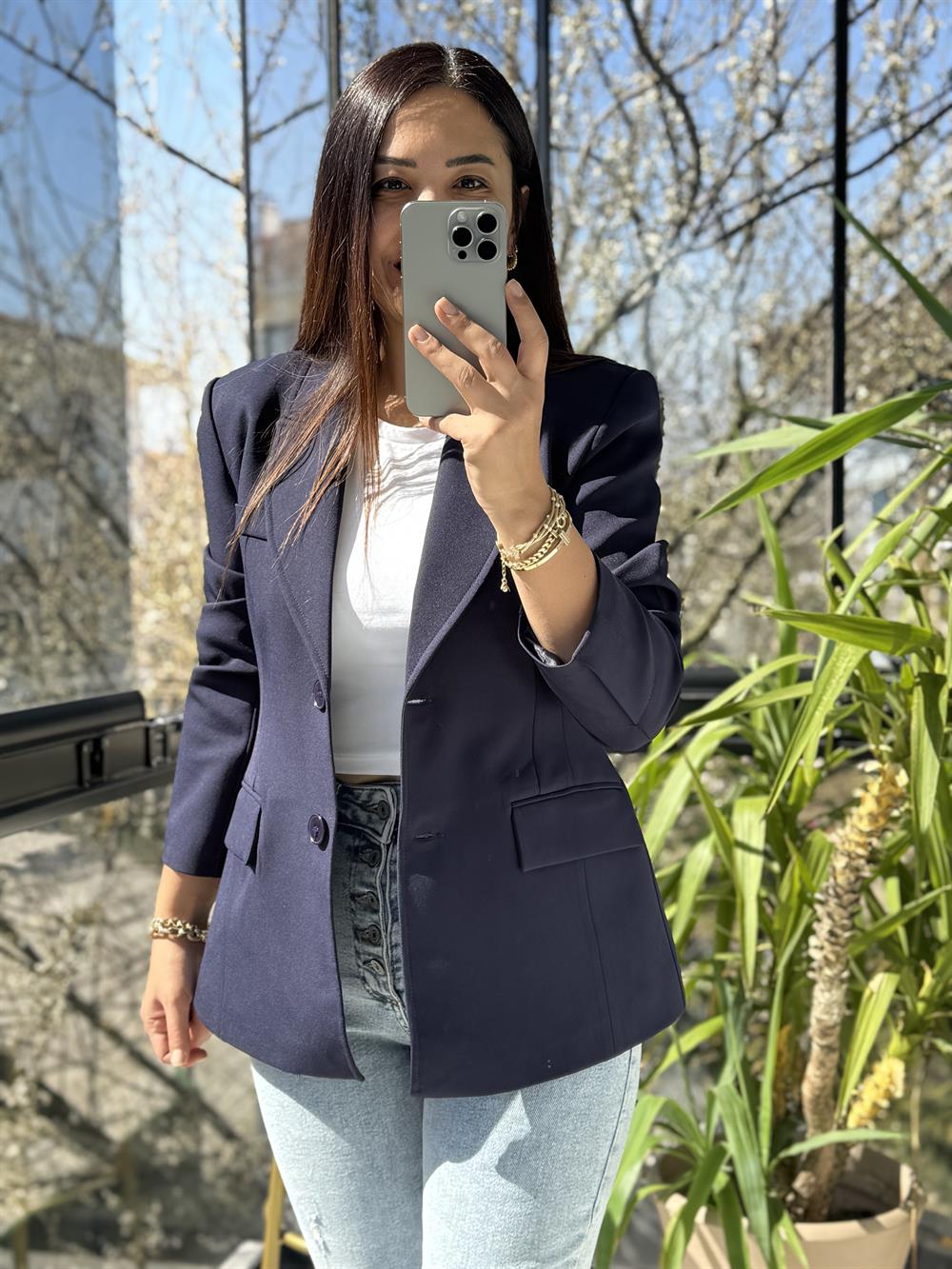 Volanlı İki Düğme Blazer Lacivert