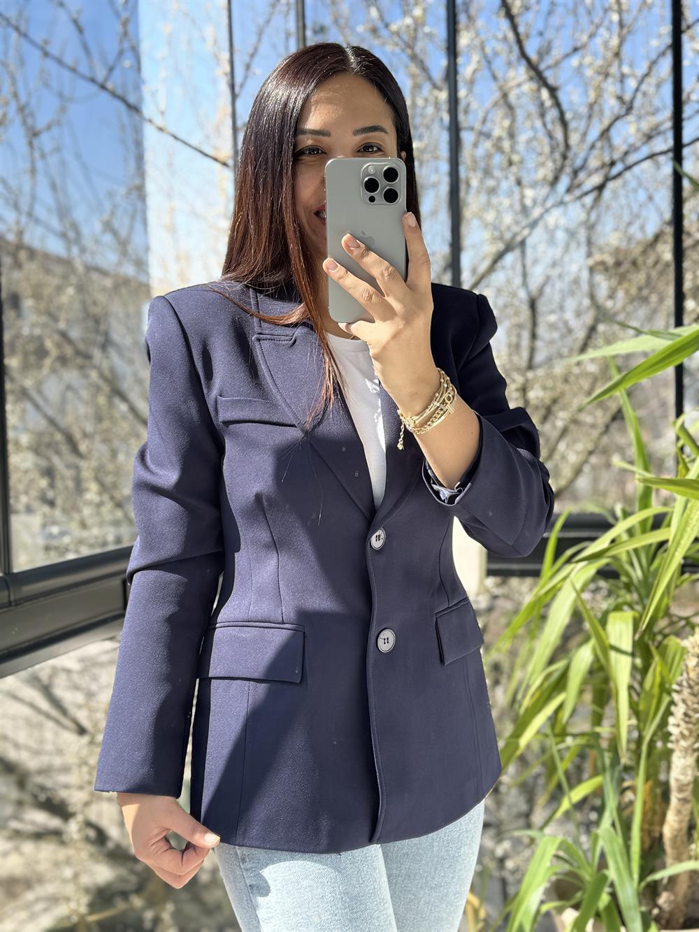 Volanlı İki Düğme Blazer Lacivert