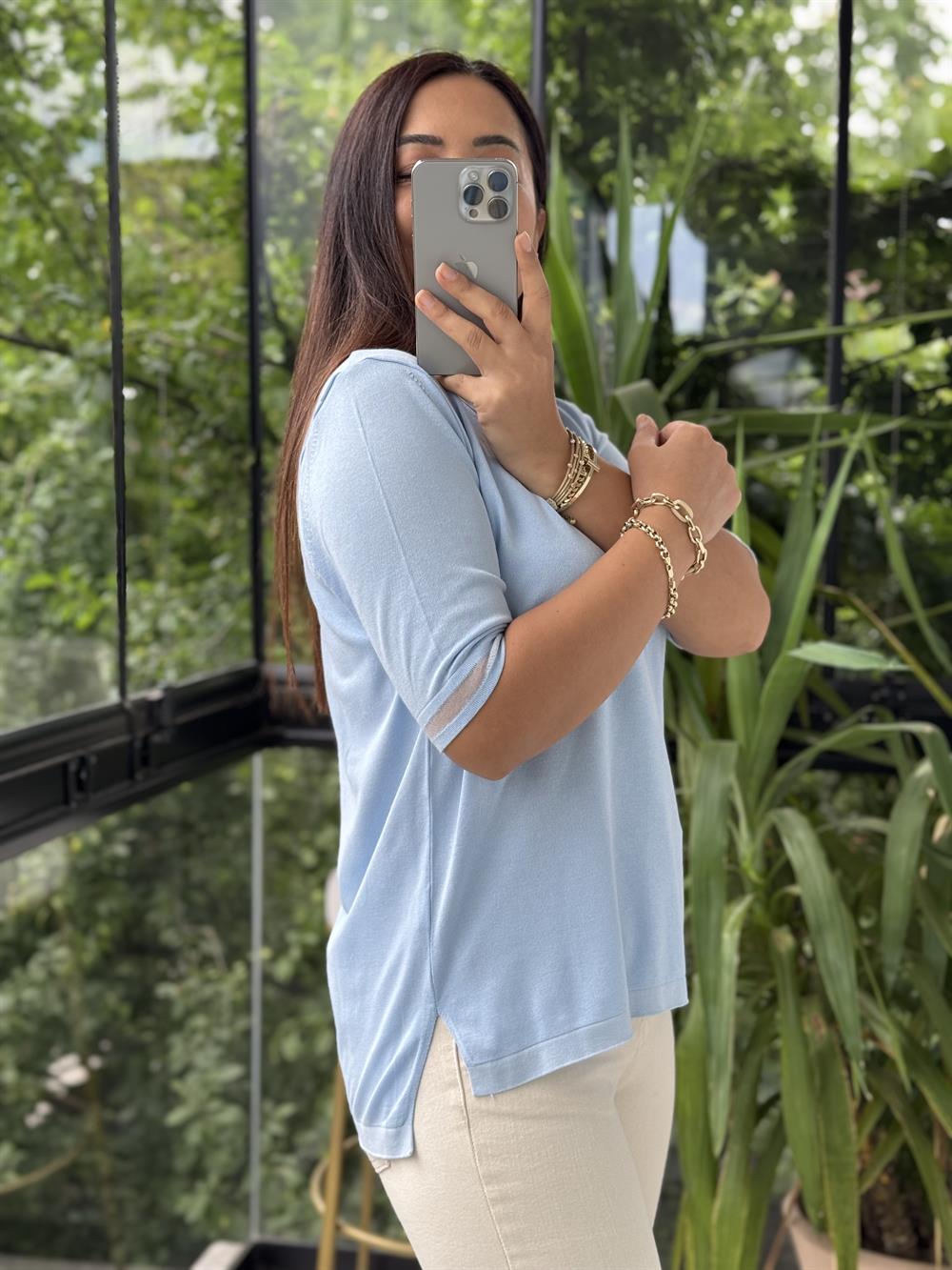 Yaka Ve Kol Özel Aksesuarlı Triko Bluz Bebe Mavi