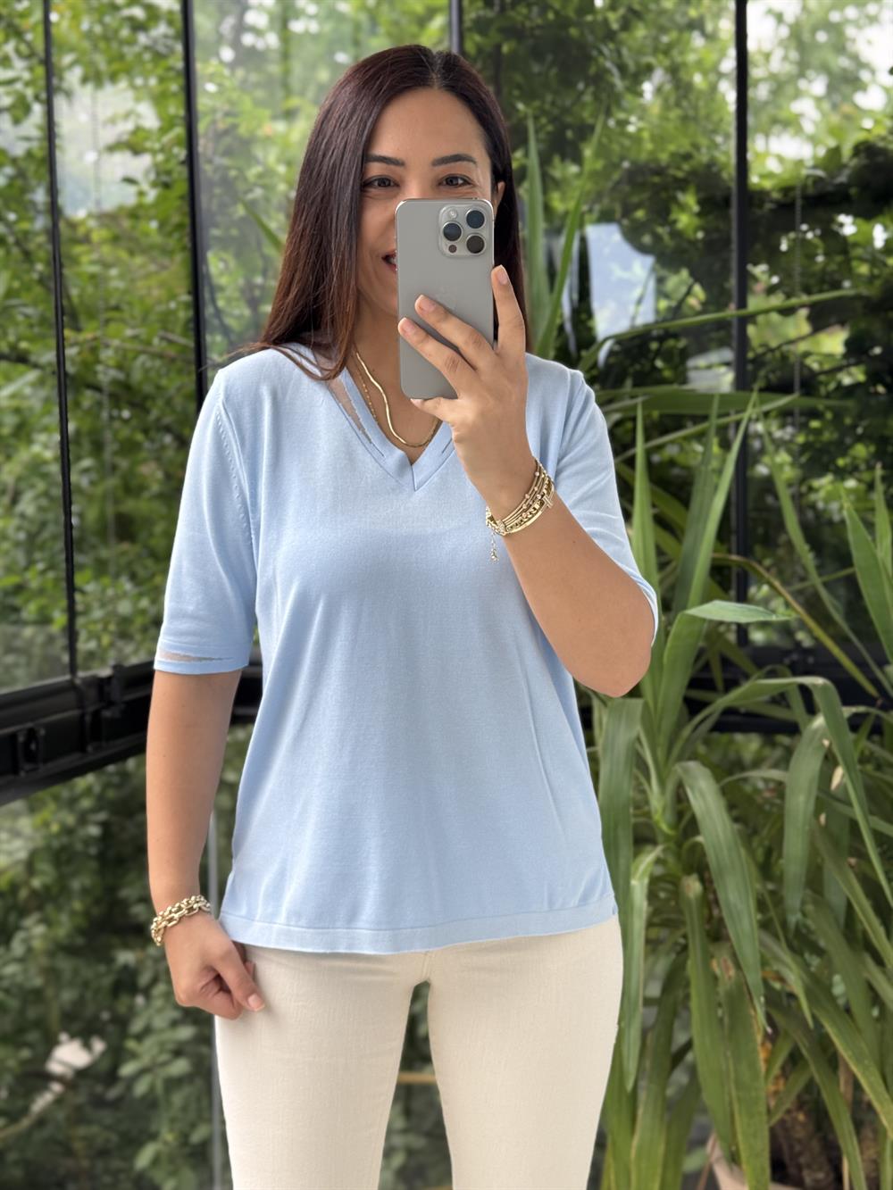 Yaka Ve Kol Özel Aksesuarlı Triko Bluz Bebe Mavi