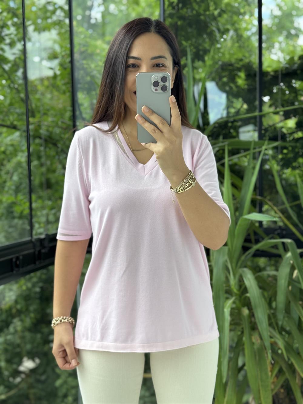 Yaka Ve Kol Özel Aksesuarlı Triko Bluz Pembe