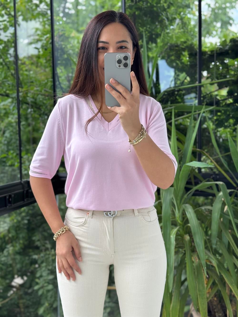 Yaka Ve Kol Özel Aksesuarlı Triko Bluz Pembe