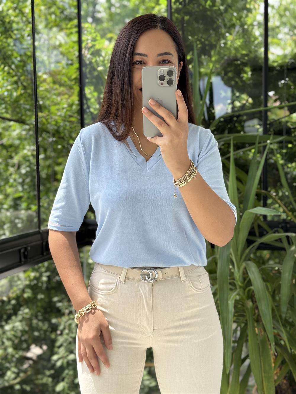 Yaka Ve Kol Özel Aksesuarlı Triko Bluz Bebe Mavi