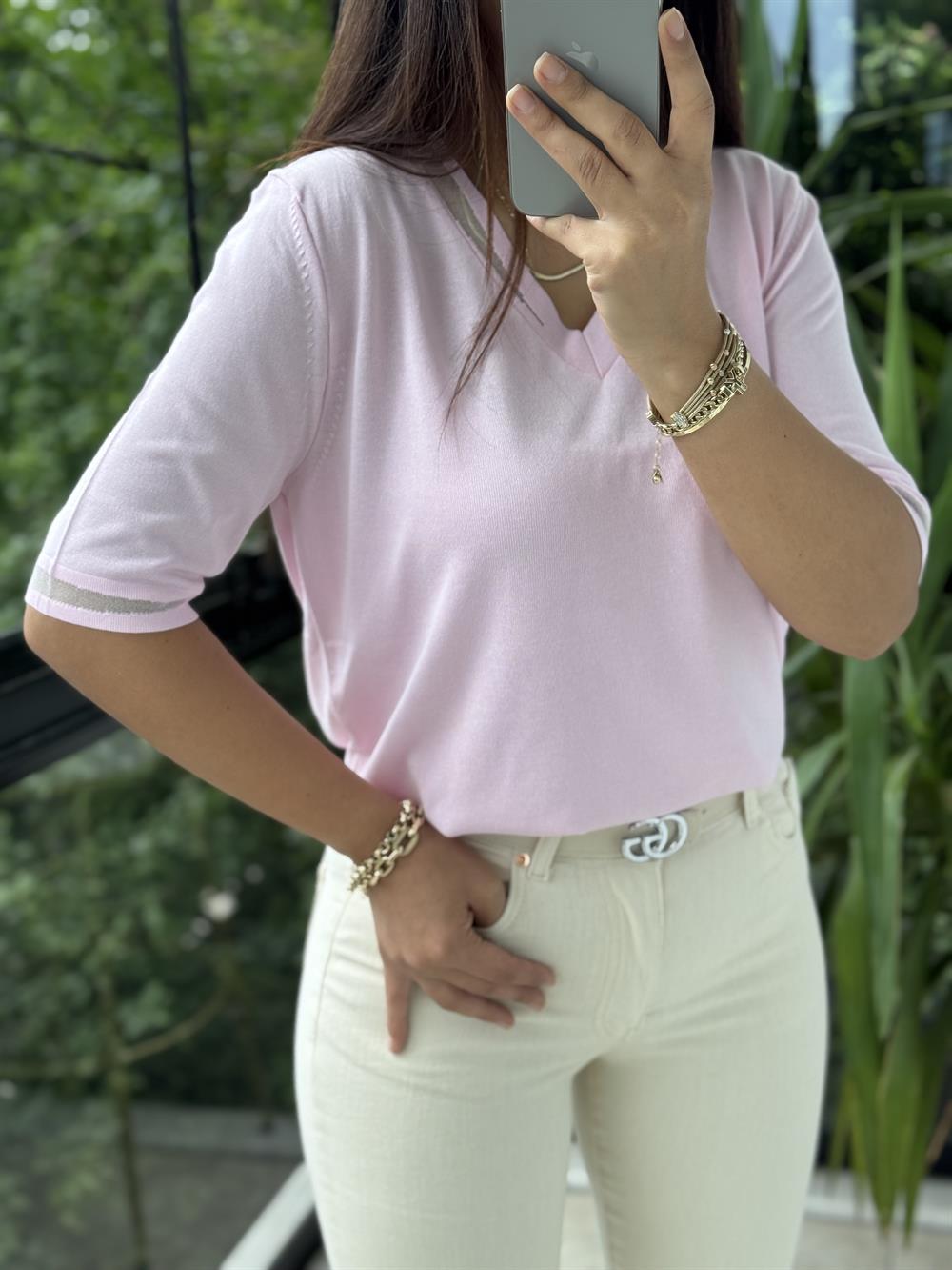 Yaka Ve Kol Özel Aksesuarlı Triko Bluz Pembe