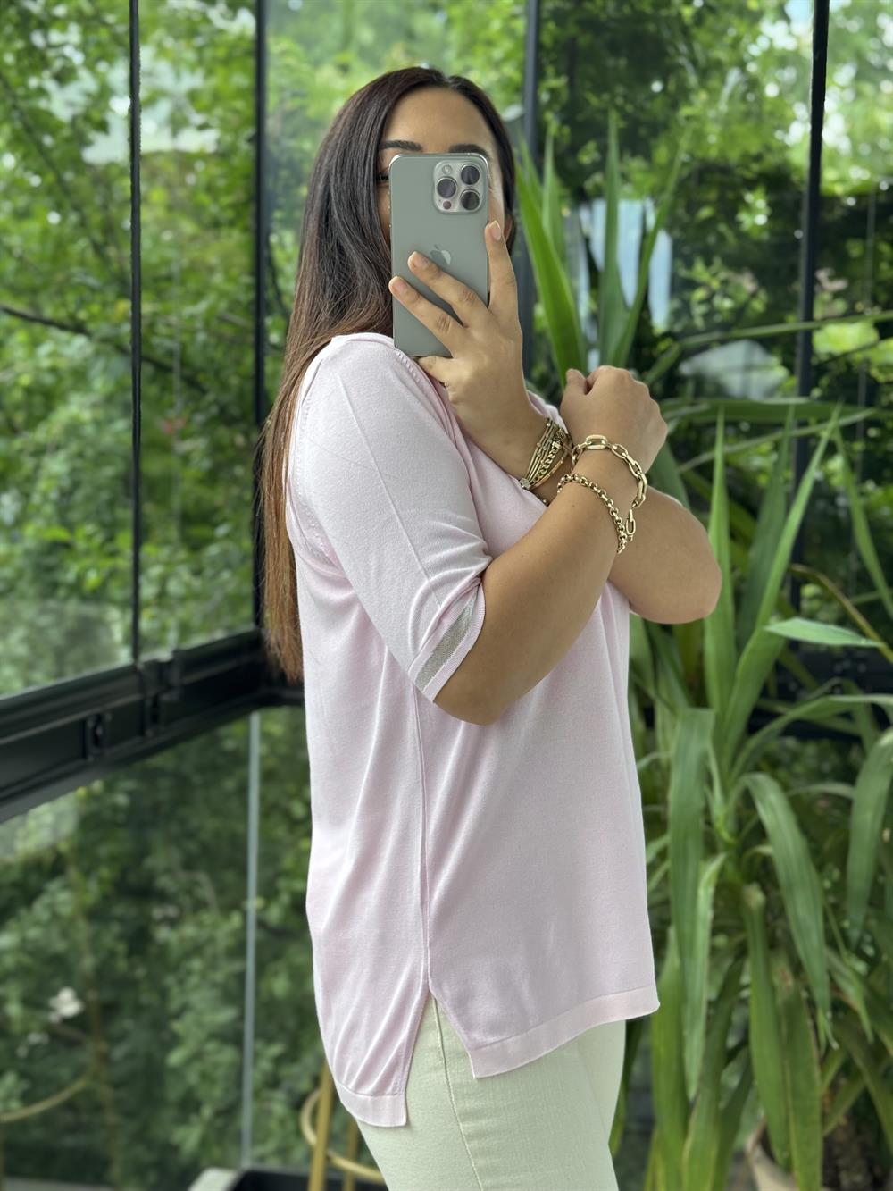 Yaka Ve Kol Özel Aksesuarlı Triko Bluz Pembe