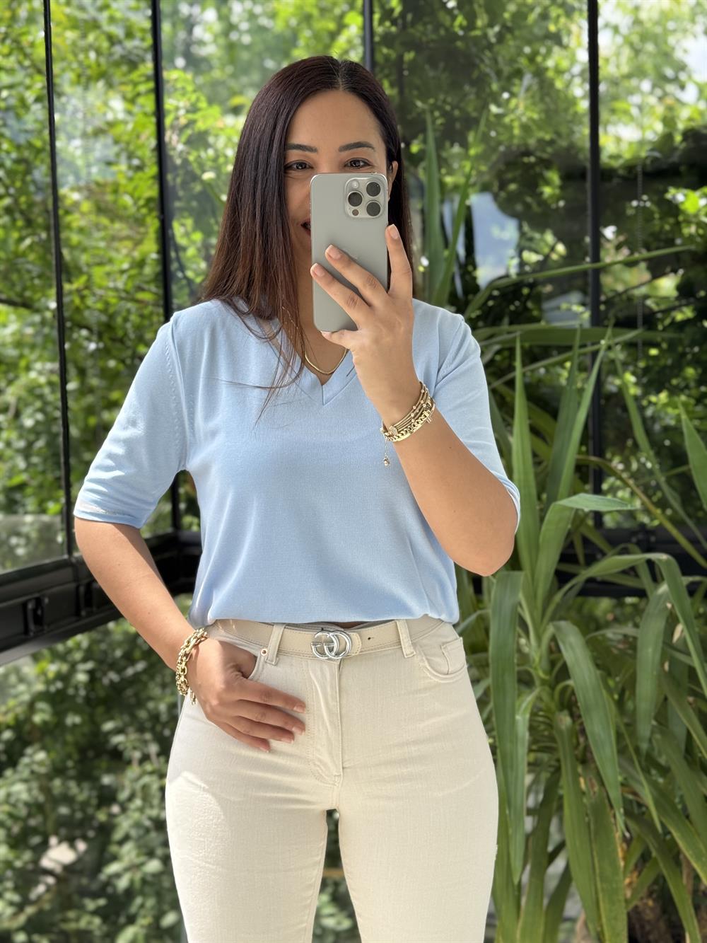 Yaka Ve Kol Özel Aksesuarlı Triko Bluz Bebe Mavi