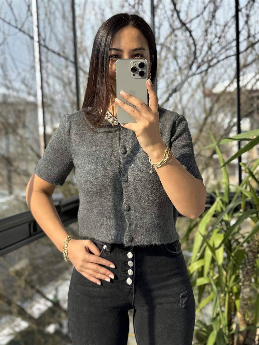 Yakası Taş Detaylı Triko Hırka Antrasit