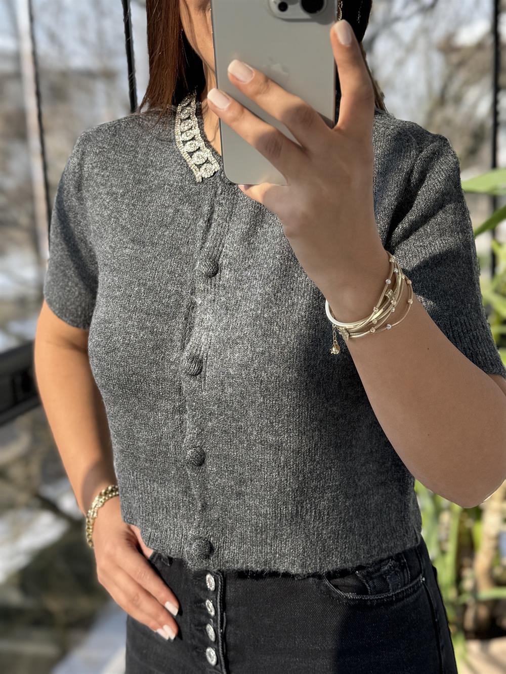 Yakası Taş Detaylı Triko Hırka Antrasit