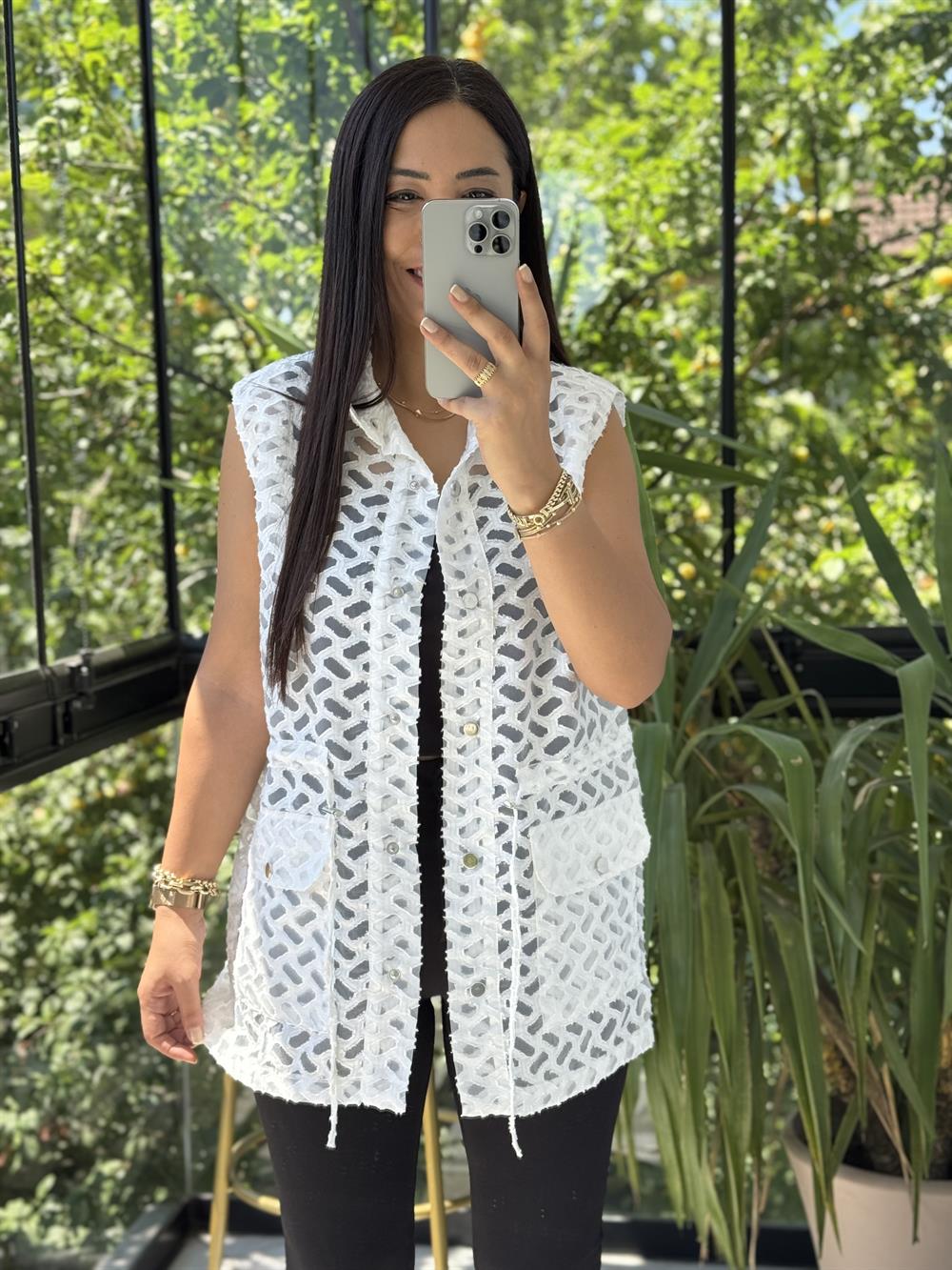 Yakma Bağlamalı Yelek Beyaz