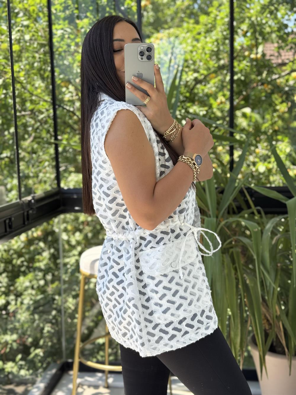 Yakma Bağlamalı Yelek Beyaz