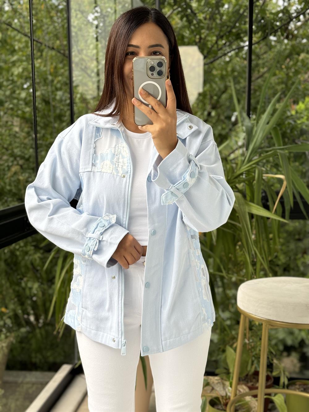 Yakma Organze Ceket Mavi