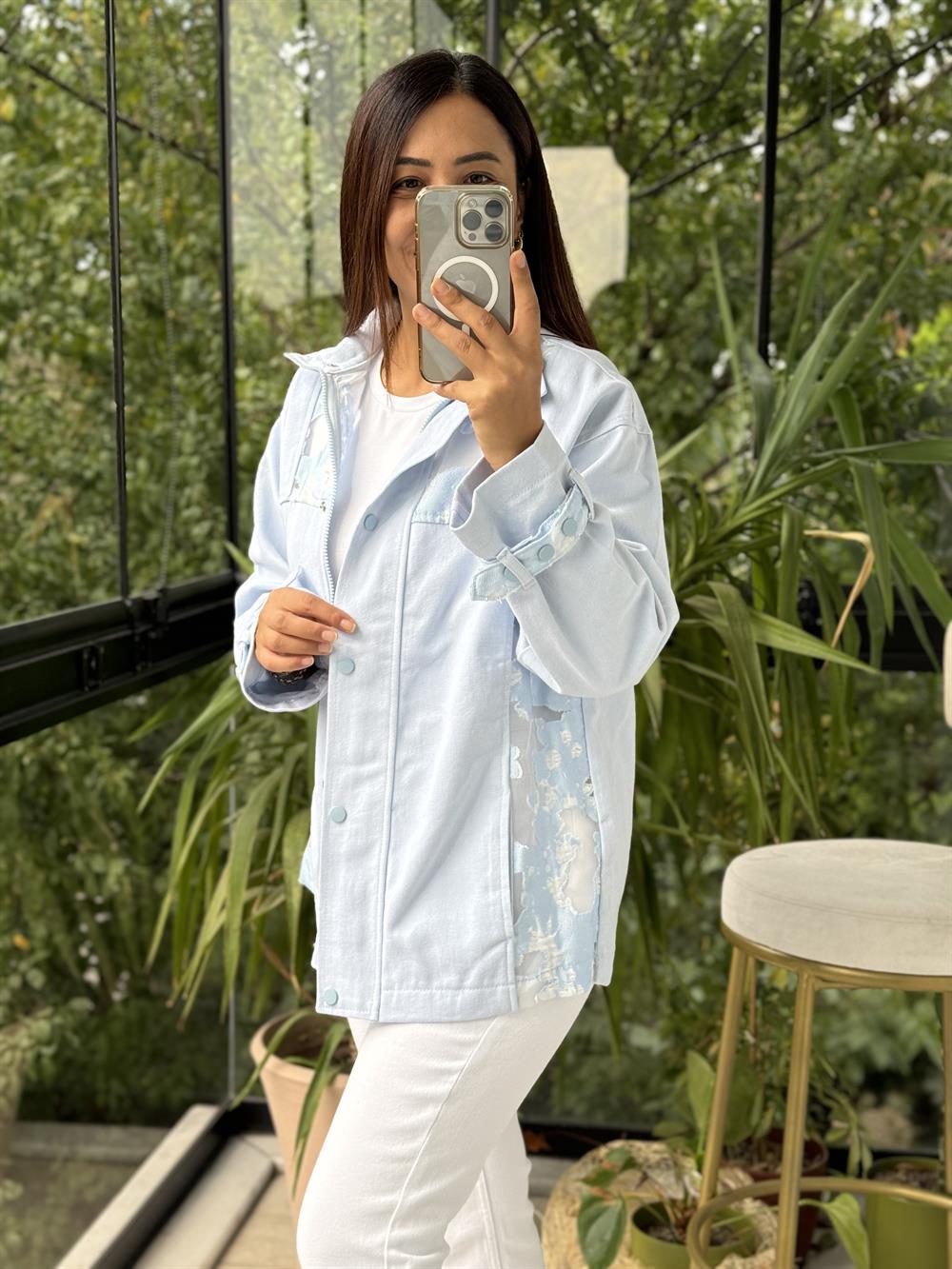 Yakma Organze Ceket Mavi