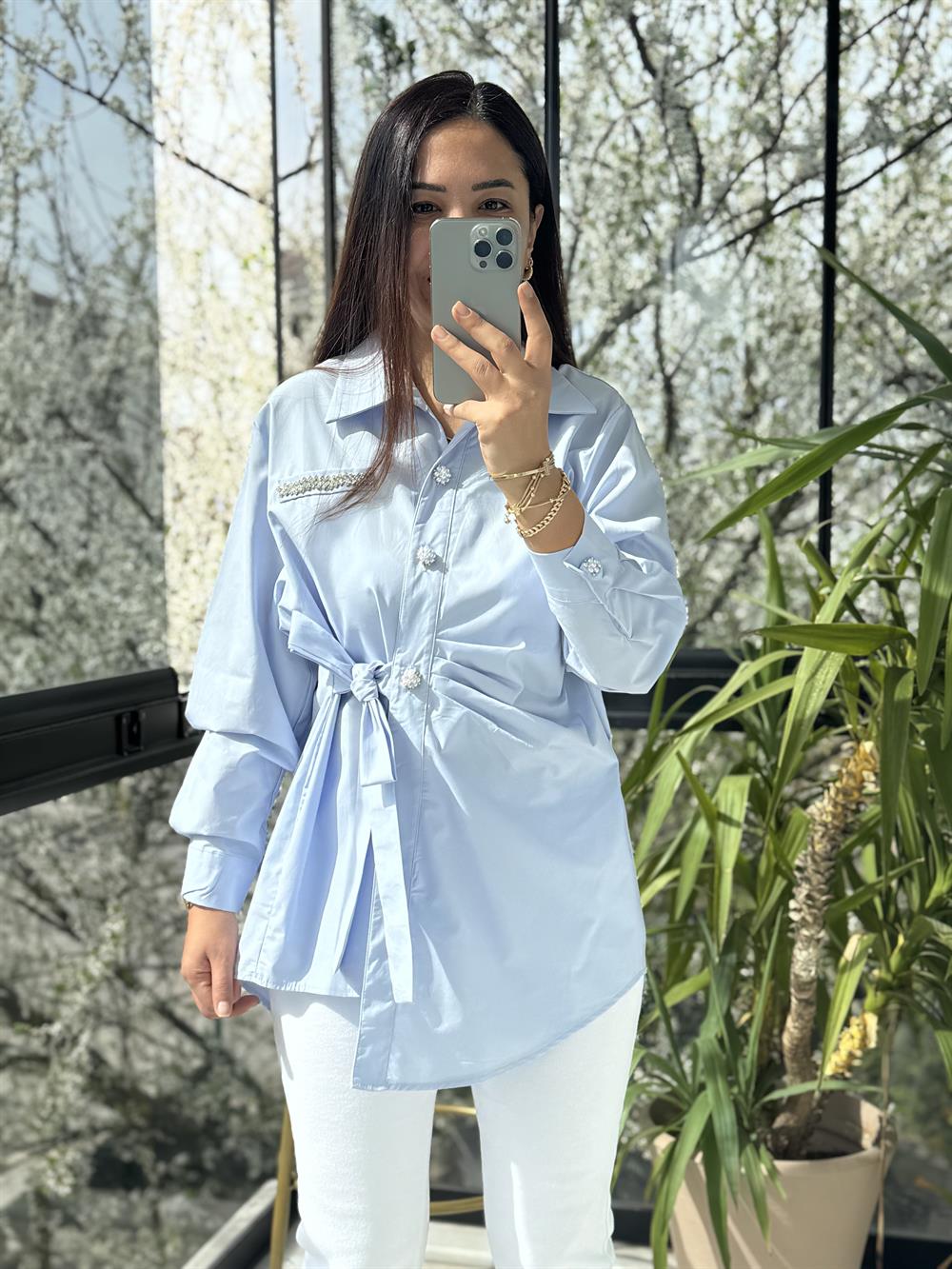 Yanı Bağlamalı ve Pileli Gömlek Mavi