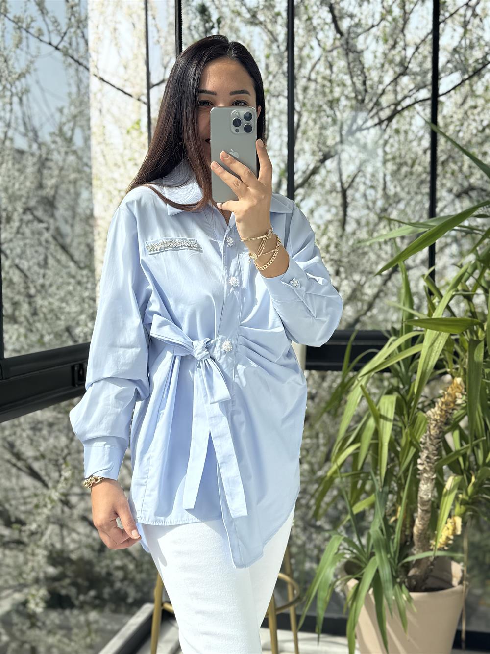 Yanı Bağlamalı ve Pileli Gömlek Mavi