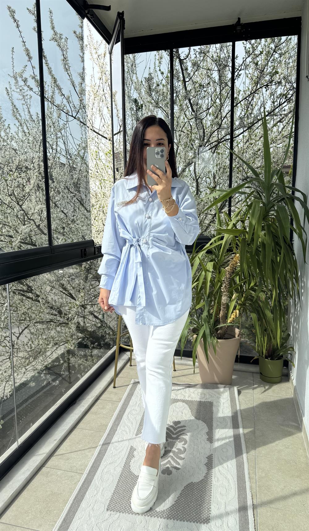 Yanı Bağlamalı ve Pileli Gömlek Mavi