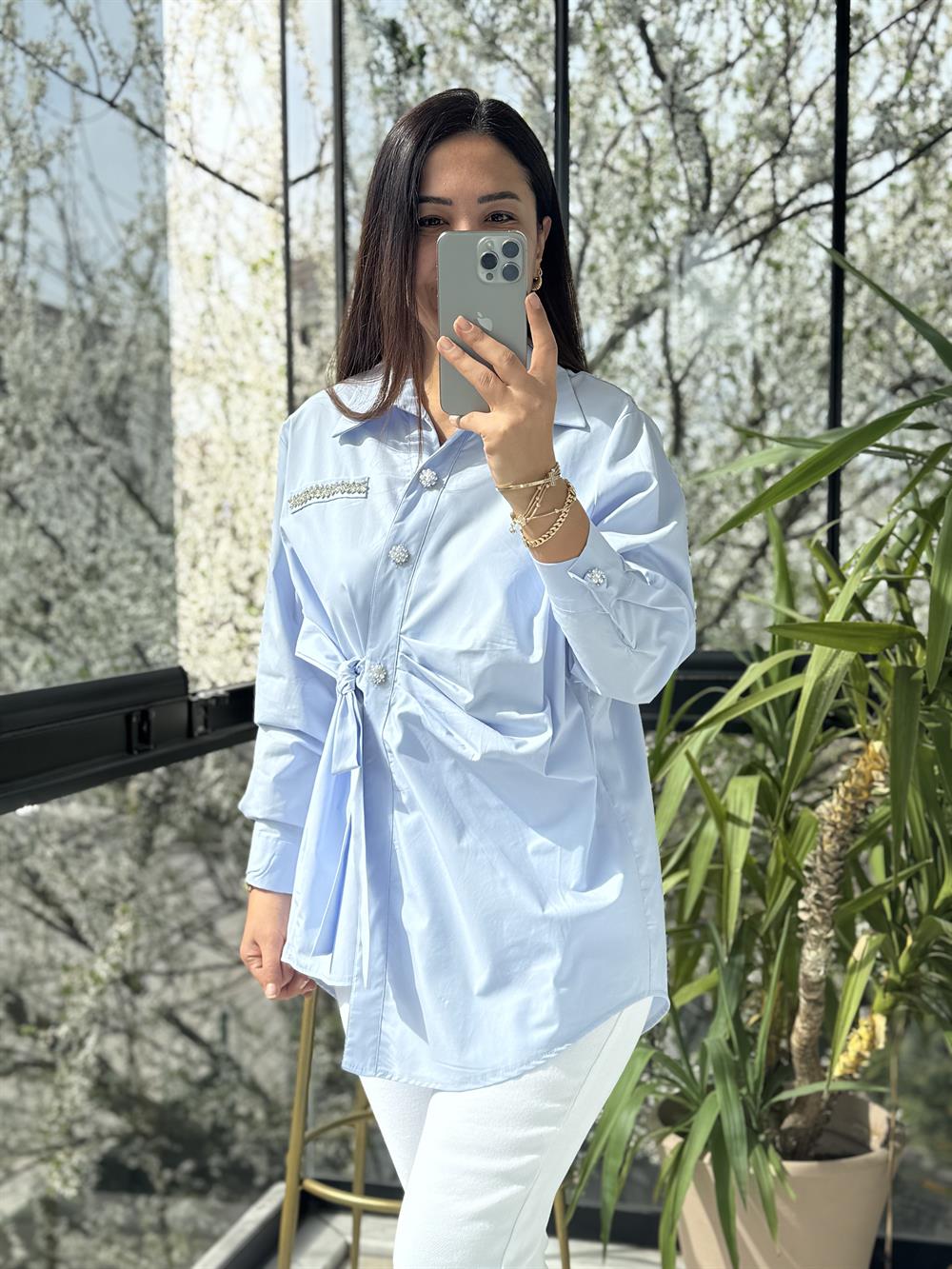 Yanı Bağlamalı ve Pileli Gömlek Mavi