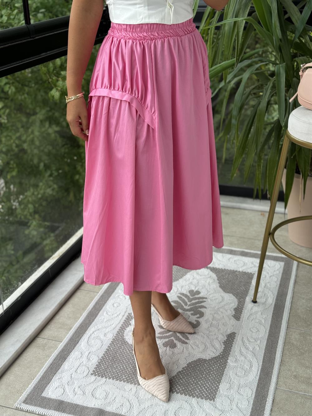 Yanları Detaylı Etek Pembe