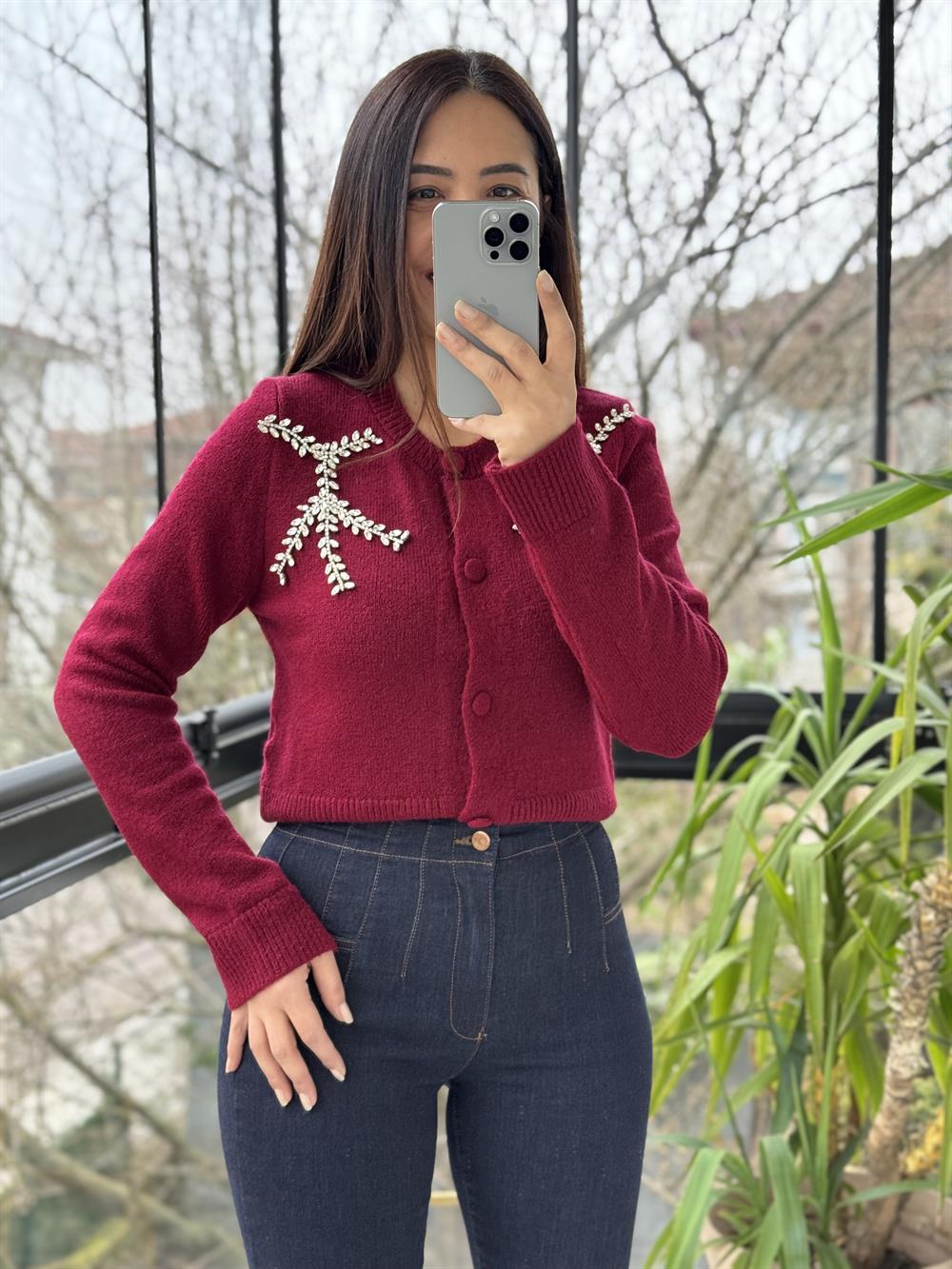 Yaprak Taşlı Hırka Bordo