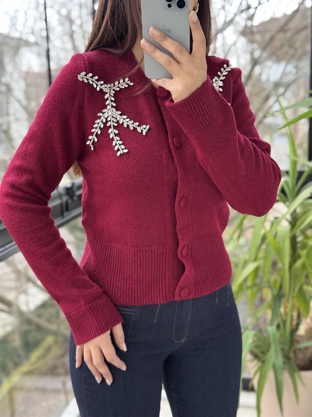 Yaprak Taşlı Hırka Bordo