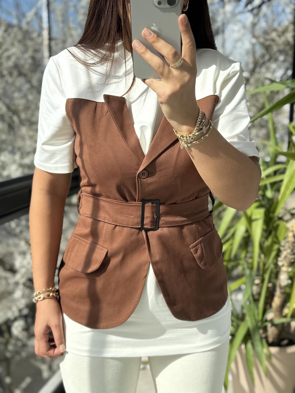 Yelek Garnili Bluz Kahve