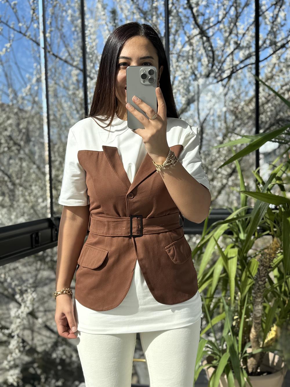 Yelek Garnili Bluz Kahve