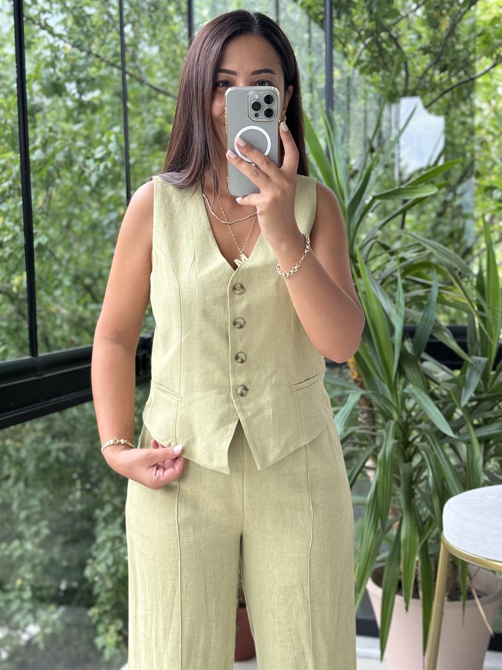 Yelekli Keten Takım Haki Yeşili