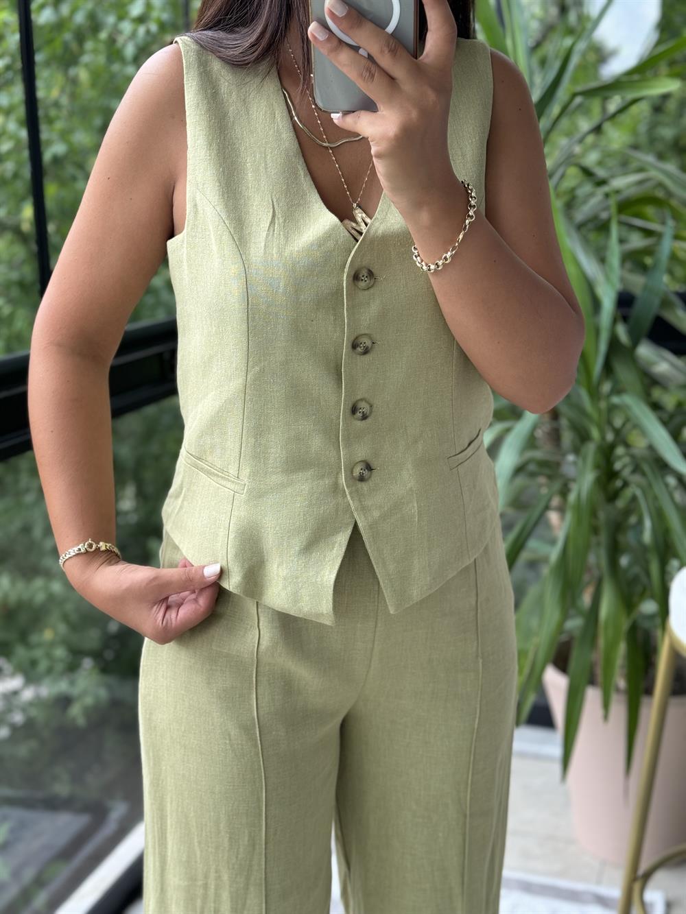 Yelekli Keten Takım Haki Yeşili