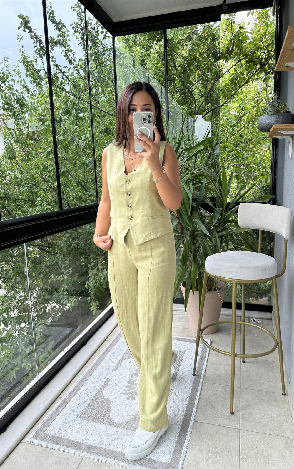 Yelekli Keten Takım Haki Yeşili