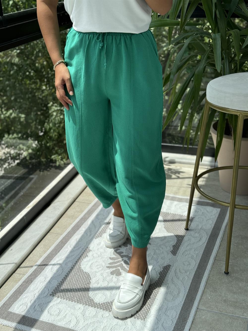 Yeşil Şalvar Keten Pantolon