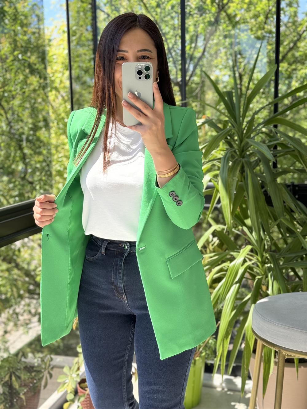 Yeşil Tek Düğme Blazer Ceket