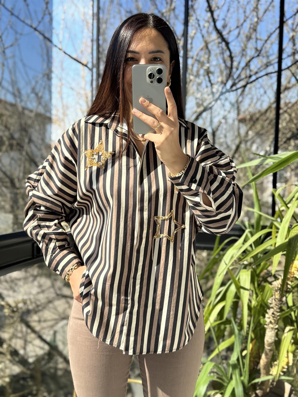 Yıldız Taşlı Çizgili Gömlek Kahve