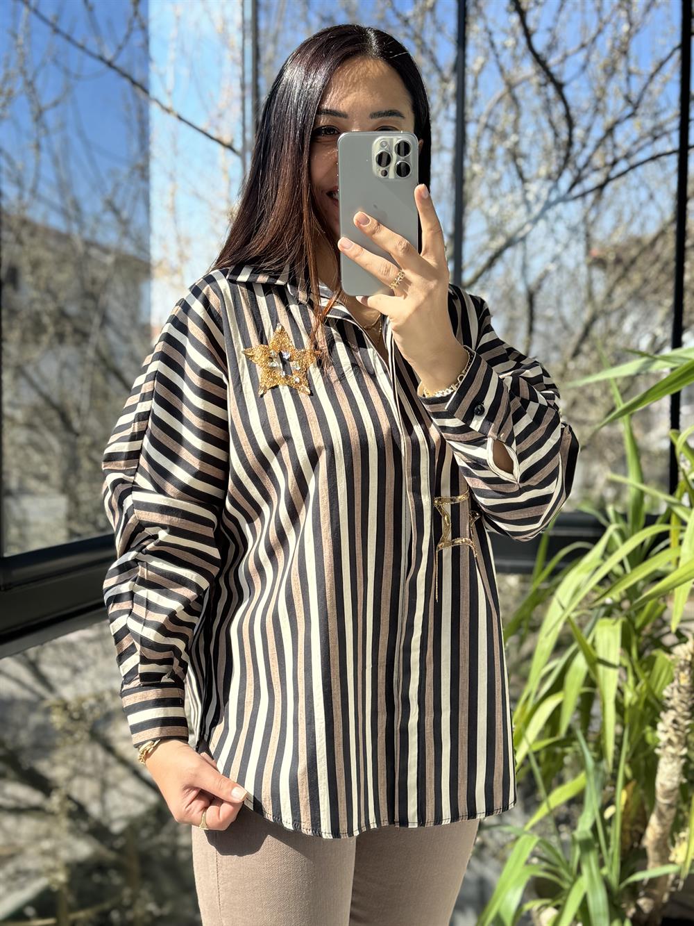 Yıldız Taşlı Çizgili Gömlek Kahve