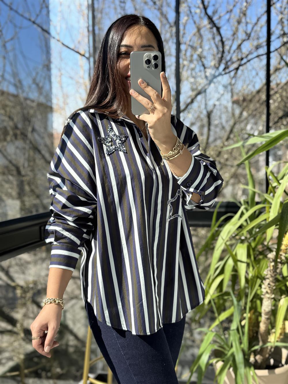 Yıldız Taşlı Çizgili Gömlek Lacivert