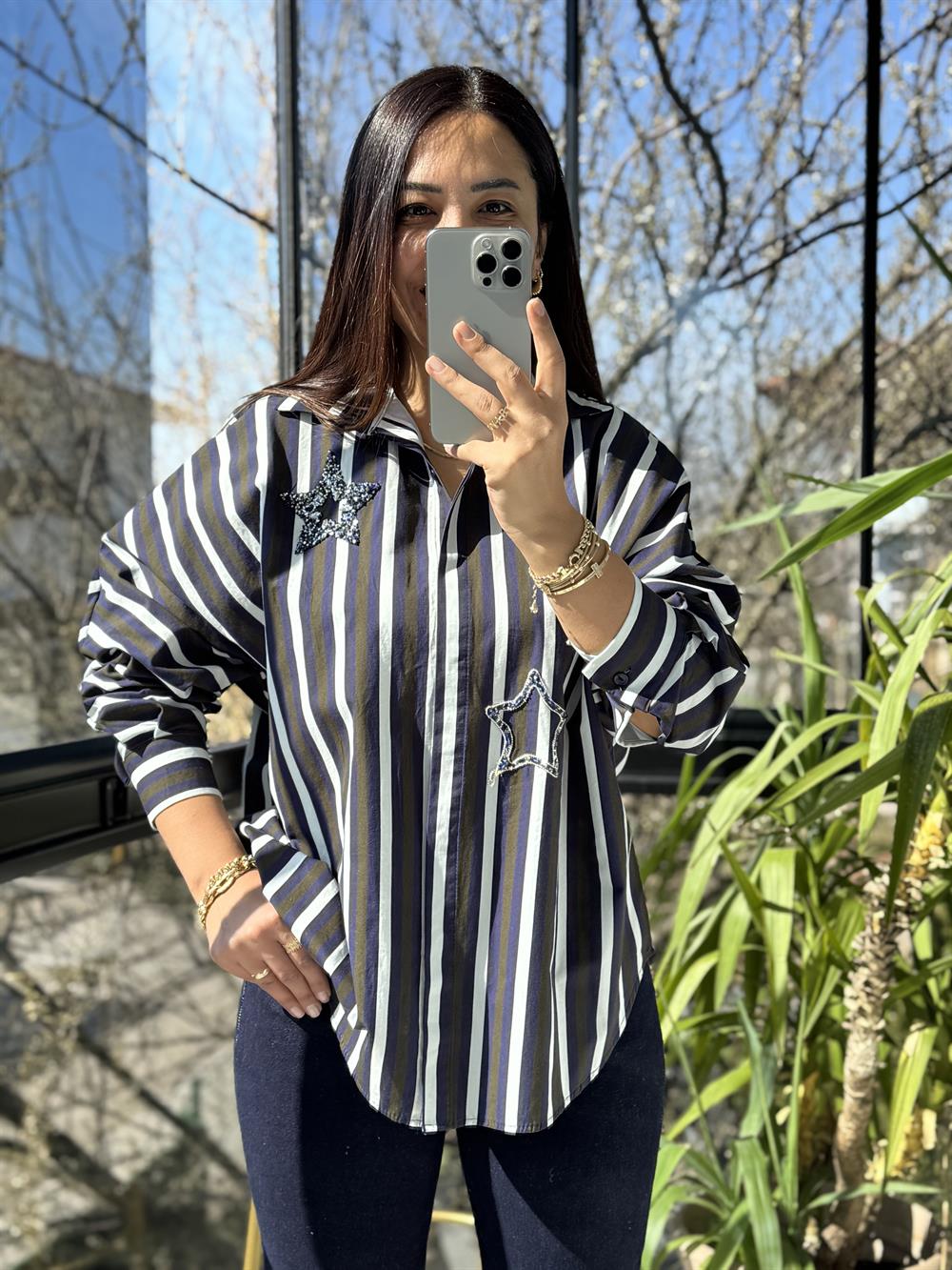 Yıldız Taşlı Çizgili Gömlek Lacivert