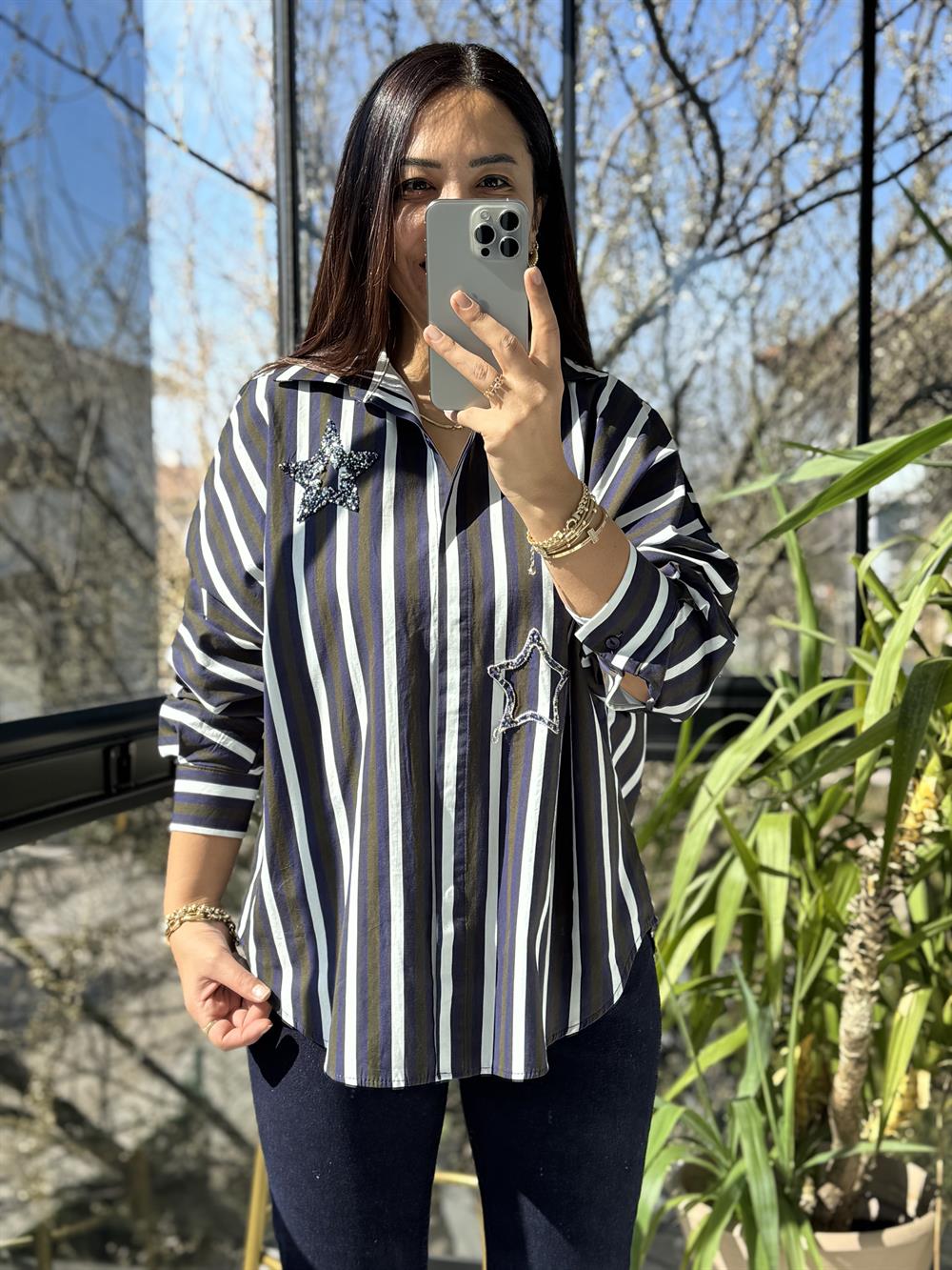 Yıldız Taşlı Çizgili Gömlek Lacivert