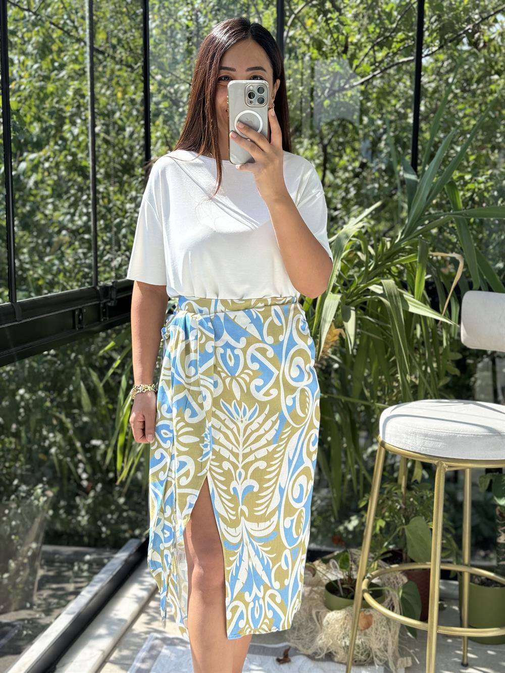 Yırtmaçlı Desenli Etek Mavi