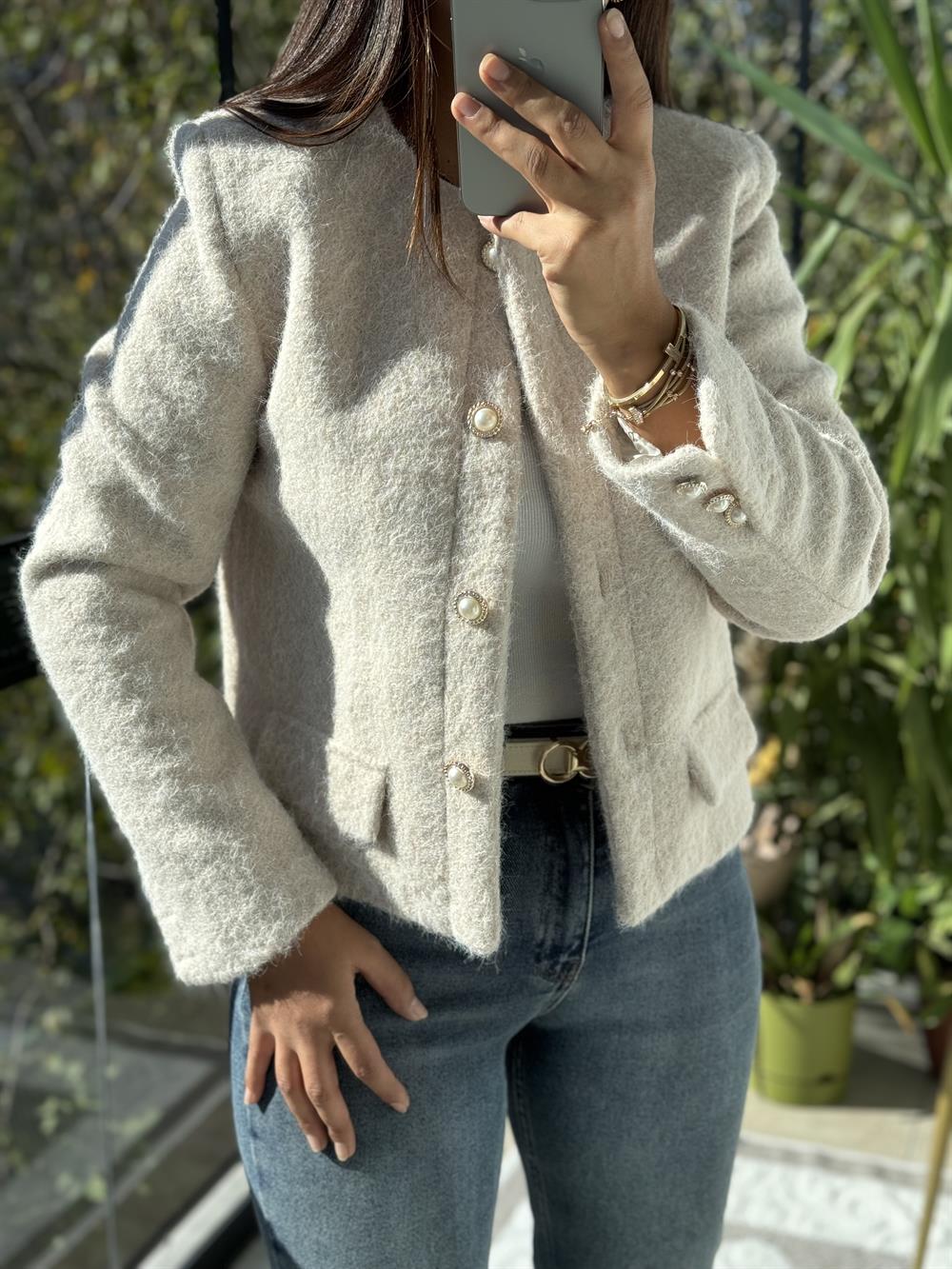 Yün Düğmeli Hırka Ceket Taş