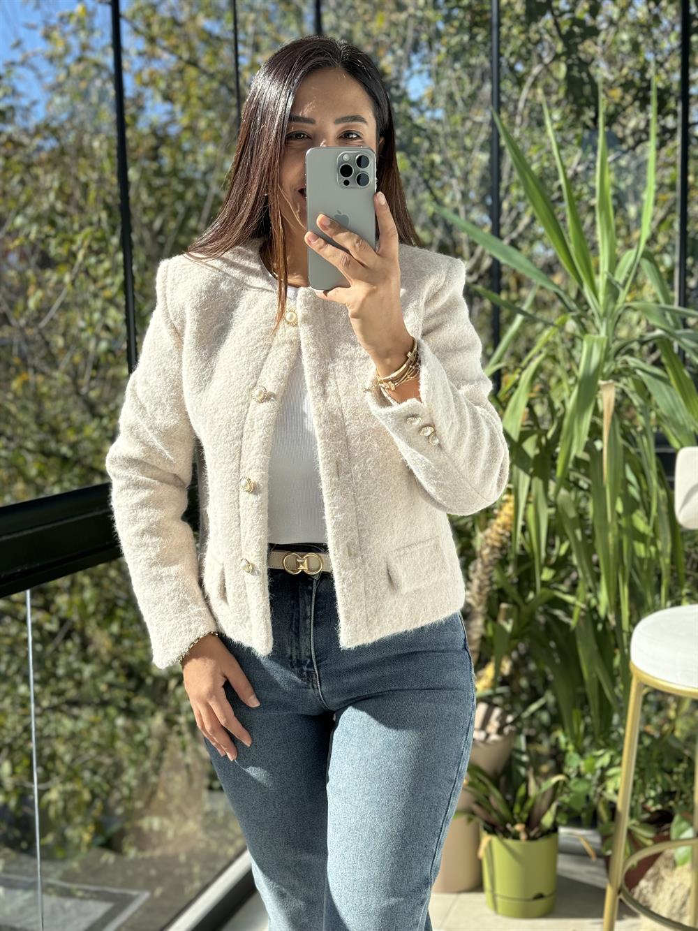 Yün Düğmeli Hırka Ceket Taş