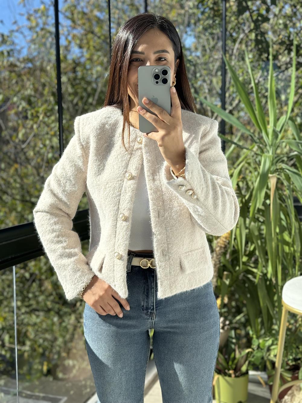 Yün Düğmeli Hırka Ceket Taş