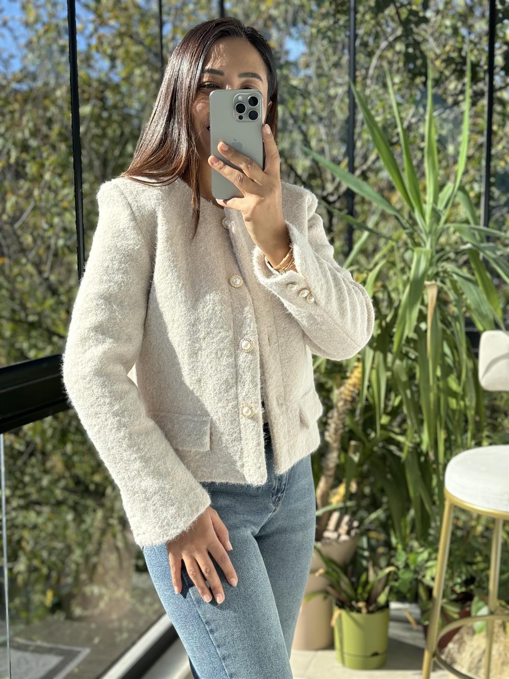 Yün Düğmeli Hırka Ceket Taş