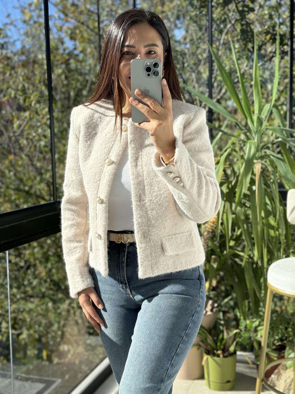 Yün Düğmeli Hırka Ceket Taş