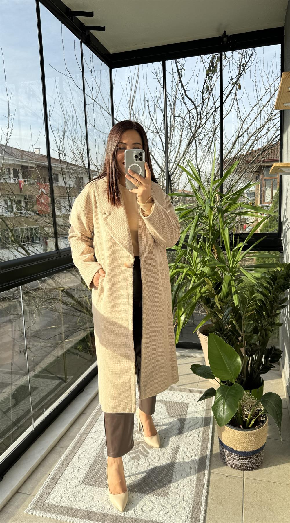 Yün Geniş Yaka Kaban Camel